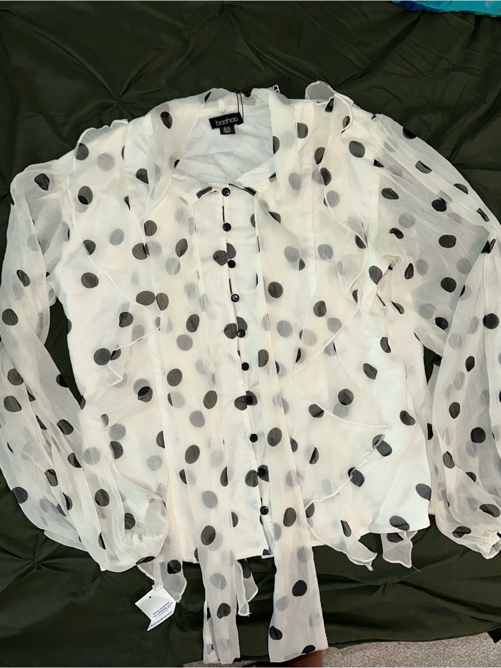 Boohoo White Sheer Blouse with Black Polka Dots